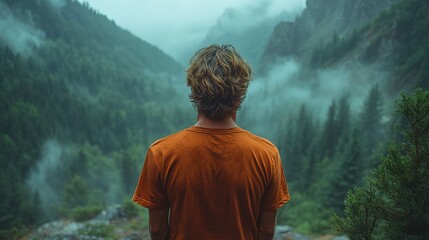 Obraz premium A young man in a red T-shirt stands with his back to the camera, gazing at the green forest and mountains from above