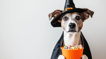 Cute dog wearing a witch hat holding an orange bucket filled with colorful candies, against a plain background, celebrating Halloween.