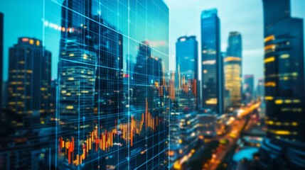 City skyline at dusk with stock market trends displayed on a glass surface