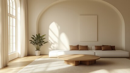 Minimalist living room featuring a low white sectional sofa with brown pillows, a wooden coffee table, and a tall potted plant.