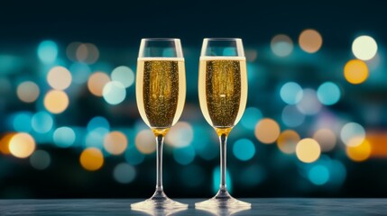 Two champagne glasses on a table with a vibrant cityscape backdrop, perfect for a celebratory evening toast.