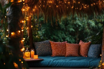 valentines day alcove, get cozy under a thatched umbrella on valentines day with colorful cushions, tropical drinks, and fairy lights, perfect for adding your own message