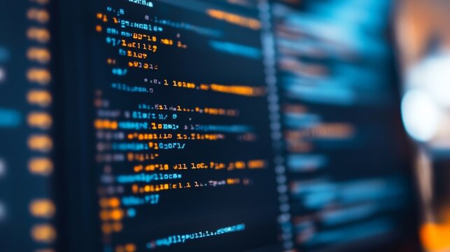 Close-up of colorful code on a computer screen in a dimly lit workspace during nighttime