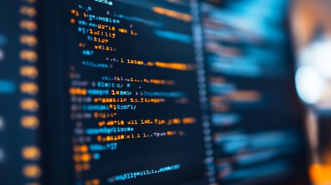 Close-up view of programming code displayed on a computer monitor in a dimly lit workspace at night