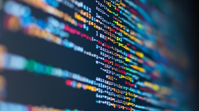 Colorful computer code displayed on a screen in a dimly lit environment during evening hours