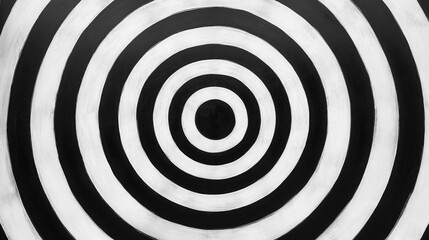 Black and white painting of a circle with white and black stripes. The painting is abstract and has a sense of movement