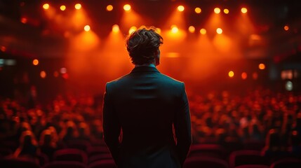 A man in a suit stands on stage under bright lights, addressing a large audience in a theater or conference hall