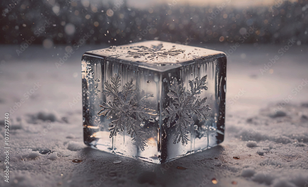 Poster cube of ice with snowflakes on it