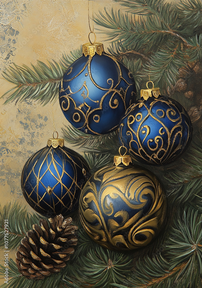 Poster four blue and gold ornaments are hanging on a pine tree branch. the ornaments have intricate designs