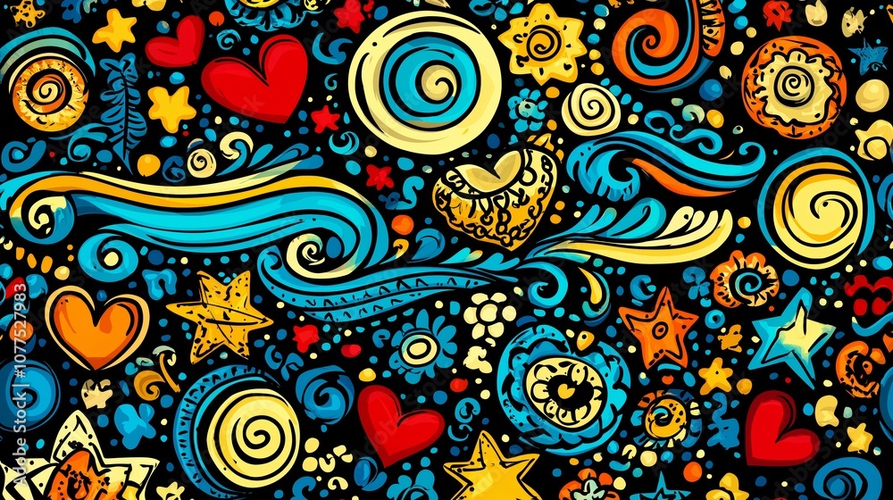 Wall mural colorful and abstract background with many different shapes and patterns, including stars and hearts