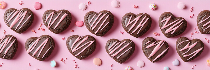 Heart-Shaped Chocolate Cookies with Pink Icing on Pastel Background