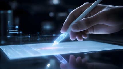 A virtual document with an animated signature line completed by a stylus in real-time simulating the digital signing process.