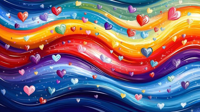 Colorful painting of a rainbow with many hearts scattered throughout. The painting conveys a sense of joy and happiness, as the hearts are spread out in various colors and sizes, creating a vibrant