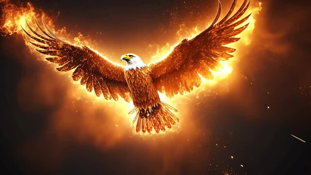 Majestic eagle soaring through a fiery sky, powerful and dramatic concept