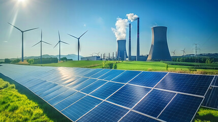 Modern Clean Energy Power Plant with Solar Panels, Wind Turbines, and Cooling Towers Concept of Renewable Energy, Sustainability, Eco-Friendly Innovations, and Green Technology