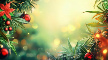 Marijuana plant leaves with red ornaments with snow backlit in the background. Cannabis themed Christmas background for Marijuana sales at legal dispensaries.