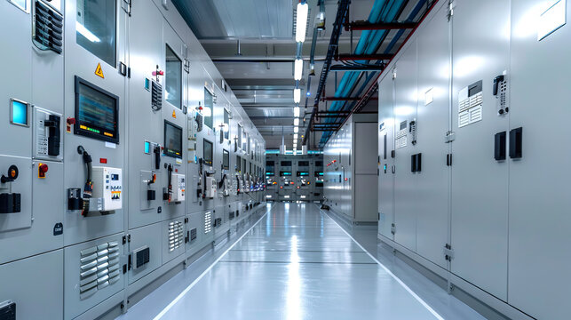Modern Electrical Substation Hallway with Control Panels and Monitors. Concept of Energy Infrastructure, Technology, Power Management, and Industrial Efficiency