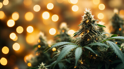 Marijuana plant buds with Christmas lights in the background. Cannabis themed Christmas background for Marijuana sales at legal dispensaries.