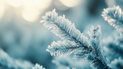Frost-Covered Pine Branch in Winter Sunlight