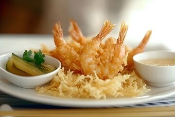 Golden Crispy Tempura Shrimp with Dipping Sauces and Japanese Pickles, Modern Plating in Bright Natural Light, Professional Editorial Photo