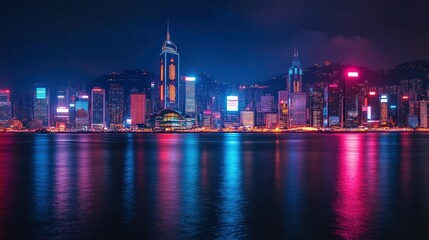 Obraz premium Illuminated Skyscrapers Reflecting in Calm Water at Night