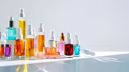 Colorful Cosmetic Bottles and Jars Displayed on Minimalistic White Surface. Concept of Skincare, Beauty Products, Self-Care Routine. Mockup. Copy space