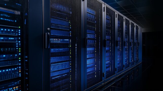 Row of computer servers are lit up in blue. The servers are in a room with a dark background