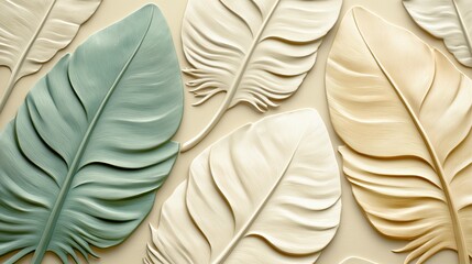 Obraz premium Series of leaf-shaped designs, with some of them being green and others being white. Scene is serene and calming, as the leaves seem to be floating in the air