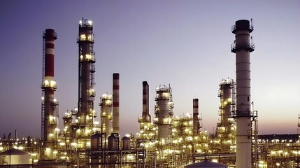 Obraz premium Industrial facility with tall smokestacks illuminated at dusk.