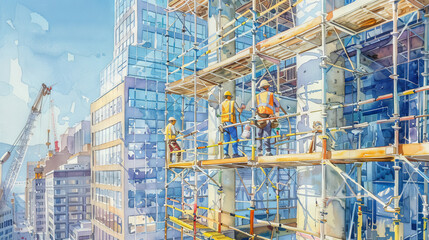 Obraz premium Watercolor Illustration of Diverse Construction Workers on Scaffolding in Urban Cityscape Art Concept of Teamwork Industry and Urban Development