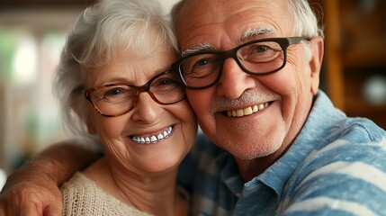 Smiling elderly couple from France showing off their dentures promoting quality dental care for seniors