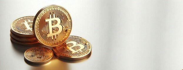 Bitcoin crypto token coins stacked on a white background. Investing success, physical currency blockchain, cryptocurrency, value, rising market copy space 300dpi