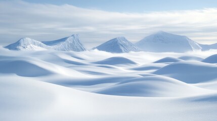 Snow-Covered Mountain Peaks with Rolling Hills and Fog