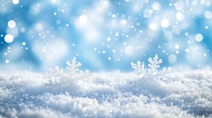 Fototapeta premium Two Shiny Snowflakes Resting on a Blanket of Fresh Snow