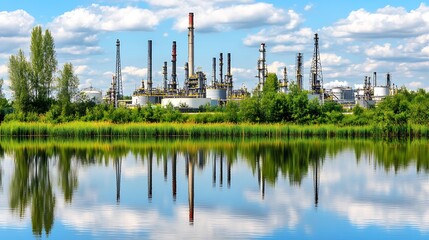 Obraz premium Industrial facility reflected in water under a blue sky with clouds and greenery nearby.