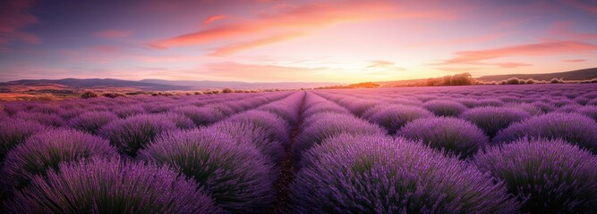 Lavender Field at Sunset with a Warm, Golden Sky