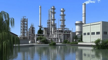 Obraz premium Industrial complex with smokestacks and water reflections under a clear blue sky.