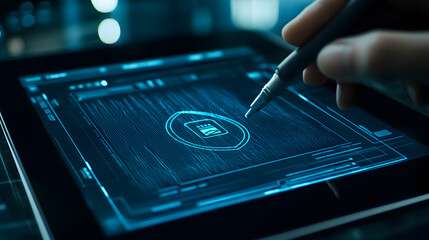 A tablet with a digital signing interface displaying Drag and Drop Signature with a security badge symbol ready for completion.