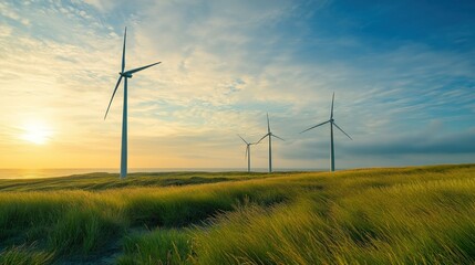 Wind Turbines on a Grassy Hilltop at Sunset