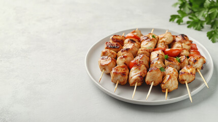 A plate of chicken kebab skewers sits on a light gray surface. There's plenty of space around the skewers, perfect for adding text.