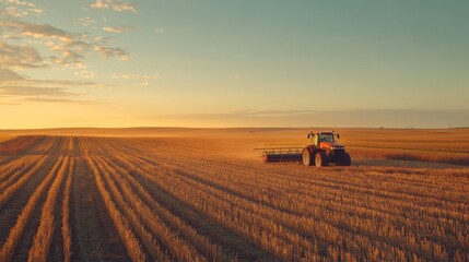 Fototapeta premium Red Tractor Harvesting a Field at Sunset