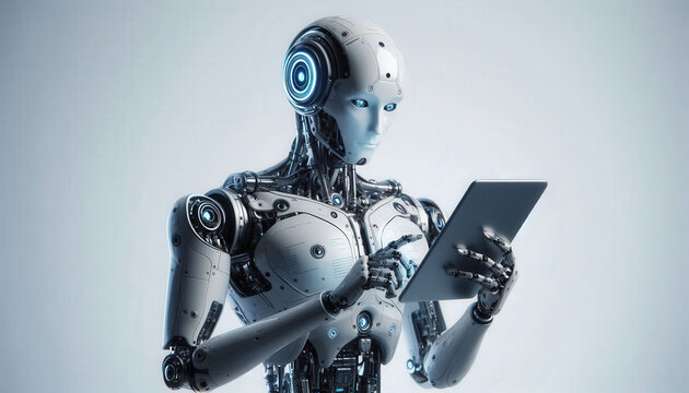 Ai robot humanoid using tablet isolate on transparency light backround 300dpi
