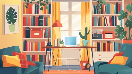 Cozy home office with bookshelves and plants in bright sunlit room interior decor