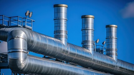 Industrial Piping System with Multiple Vents Against a Blue Sky