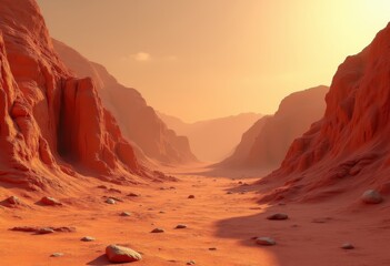 Naklejka premium A vast desert landscape illuminated by the warm glow of sunrise with rocky formations and loose stones scattered across the sand