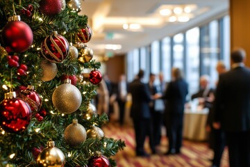 Festive Office Holiday Party with Decorated Christmas Tree Indoors