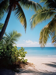 Fototapeta premium Serene Tropical Beach with Palm Trees Under Blue Sky