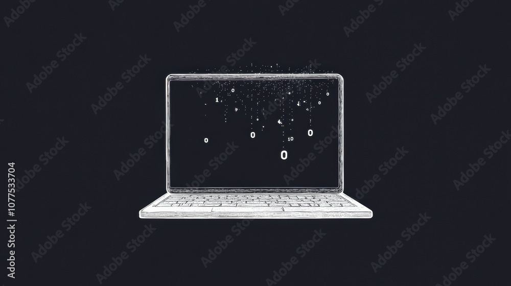 Aufkleber falling numbers emerge from a laptop silhouette, symbolizing technology, digital services, and tech 