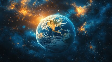 Obraz premium Earth in Space Surrounded by Orange and Blue Nebulas