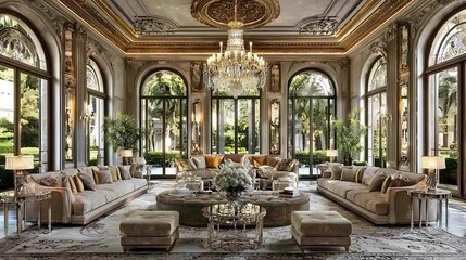 Elegant living room with luxurious decor, large windows, and a chandelier.